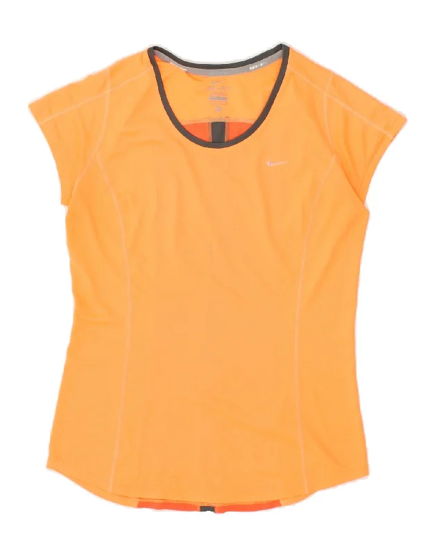 NIKE Womens Dri Fit Running T-Shirt Top UK 12 Medium Yellow Colourblock