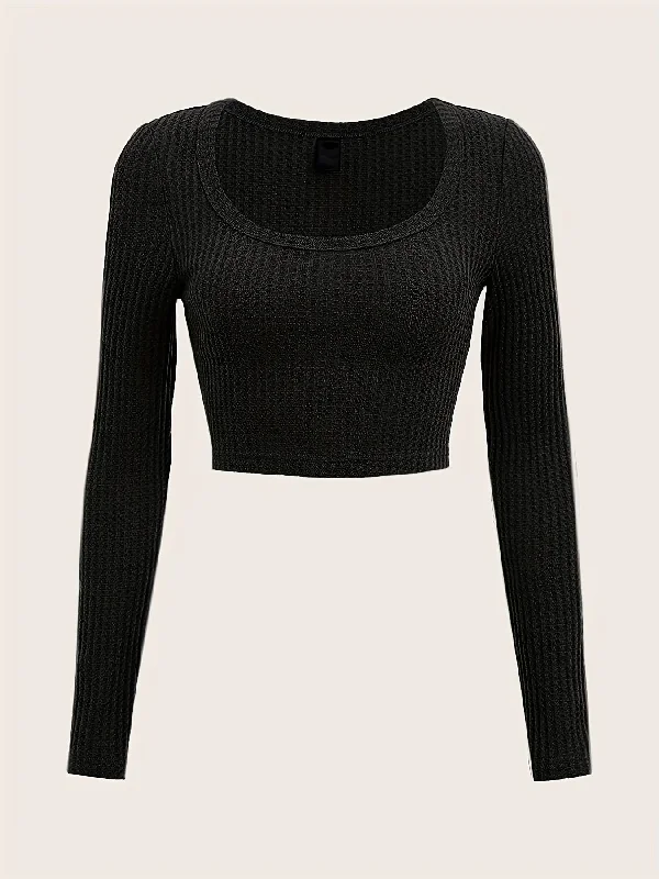 Sixsr Y2K Rib-knit Scoop Neck Crop Tee, Elegant Solid Sports Yoga Fashion Top For Spring & Summer, Women's Clothing