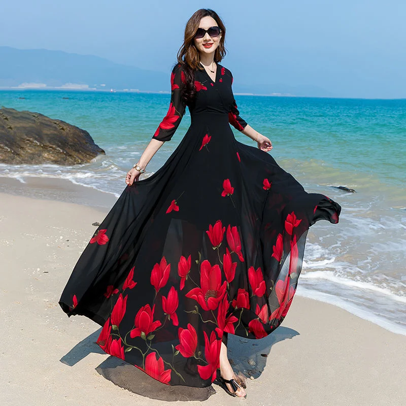 2023 Spring Summer Floral Chiffon Vintage Midi Dress Plus Size Boho Beach Maxi Dresses Women Bodycon Party Casual Black Vestidos