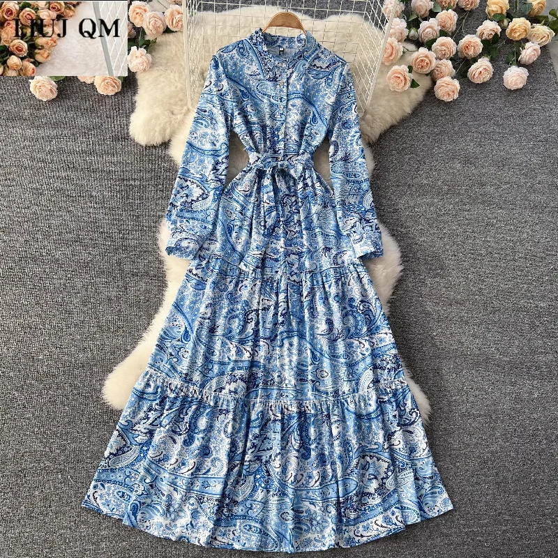 2023 Women Long Sleeve Long Dress Spring Polo Collar Vintage Floral Print Big Swing Party Bandage A-line Maxi Dress Formal