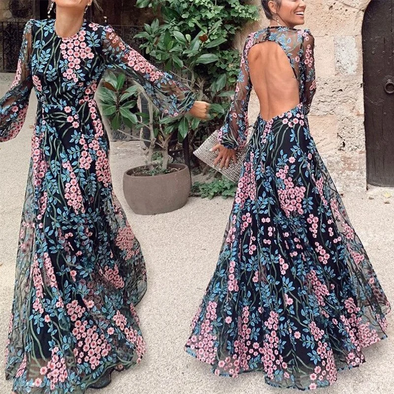 2023 Women Sexy Print Slim Backless Maxi Dress Lady Casual Holiday Summer Dresses