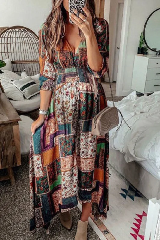 A-Line V-Neck Print Maxi Dress