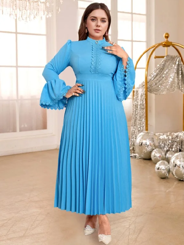 AOMEIDRESS Blue Pleated Maxi Dress Stand Collar Long Flare Sleeves