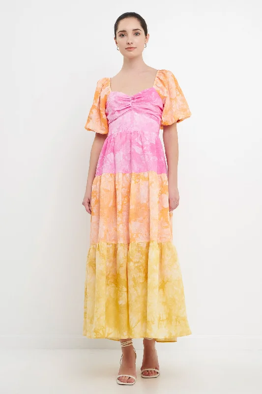 Colorblock Tie-dye Back Tie Maxi Dress