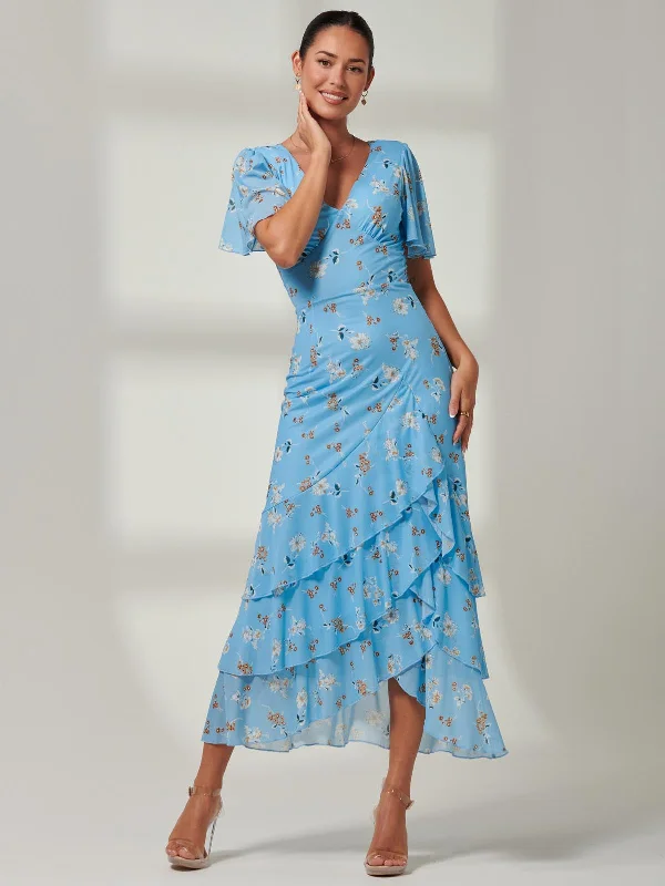 Daleysa Frill Hem Mesh Maxi Dress, Blue Floral