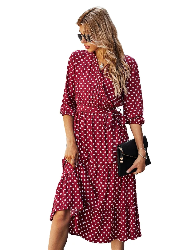 Elegant Floral Maxi Dresses For Women V-Neck Polka Dot Print 2023 Spring And Summer Casual Dress Robe Ladies Wedding Party Cloth