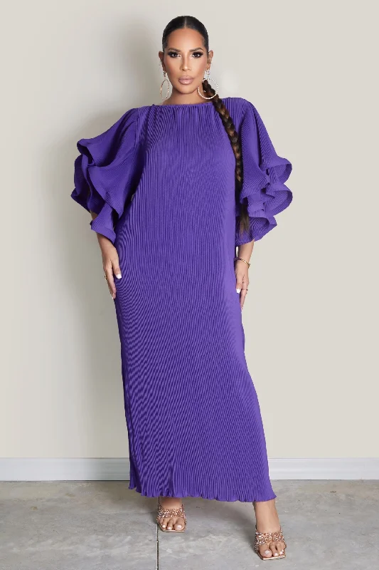 Exaggerated Ruffled Sleeves Pleated Maxi Dress