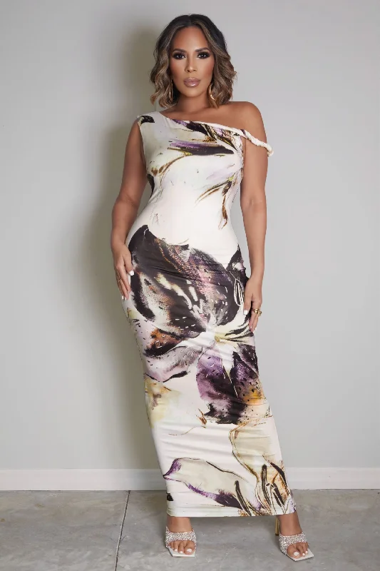 Lidia Asymmetrical Floral Print Maxi Dress