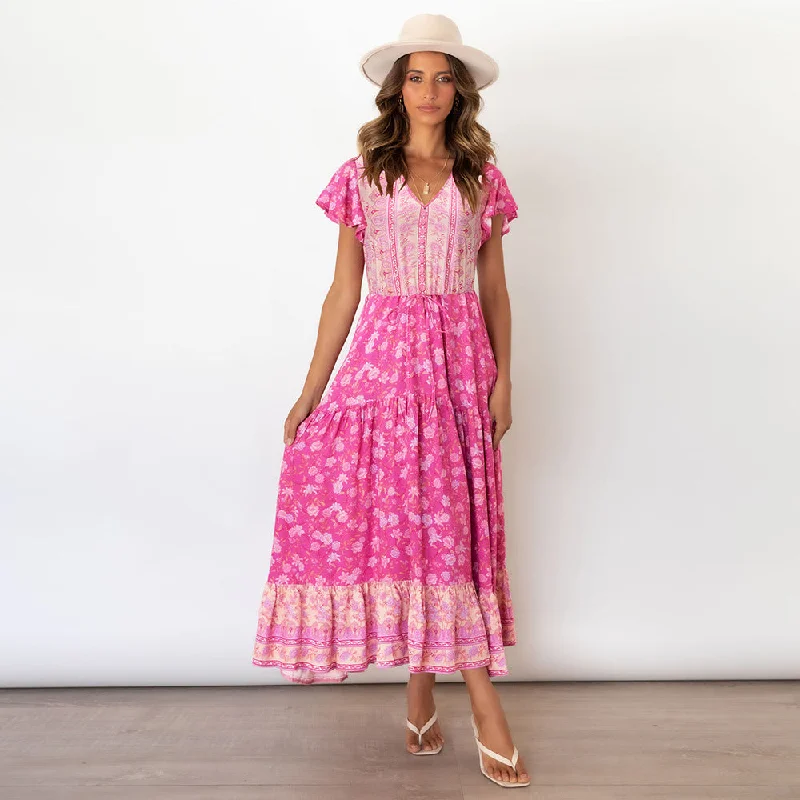 Floral Print Stitching Pleated Boho Dress High Waist Slim Lace Up Maxi Dress Women V Neck Petal Short Sleeve Summer Beach Dress