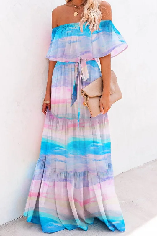 Gorgeous Blue Off-the-Shoulder Print Maxi Dresses