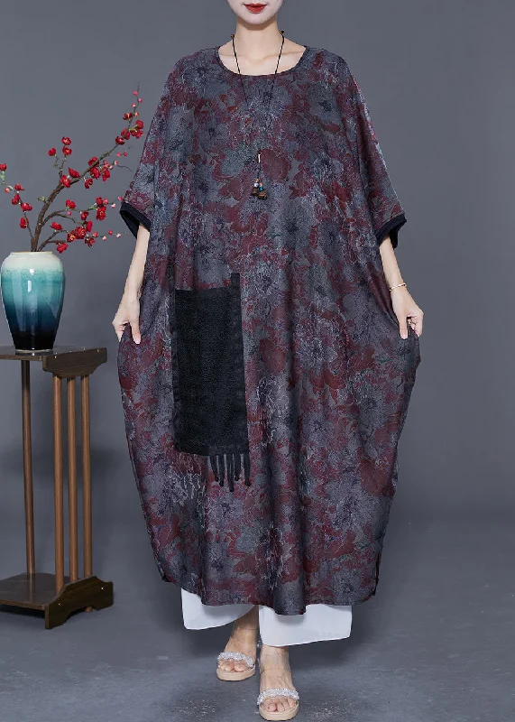 Italian Oversized Patchwork Tassel Silk Maxi Dresses Batwing Sleeve