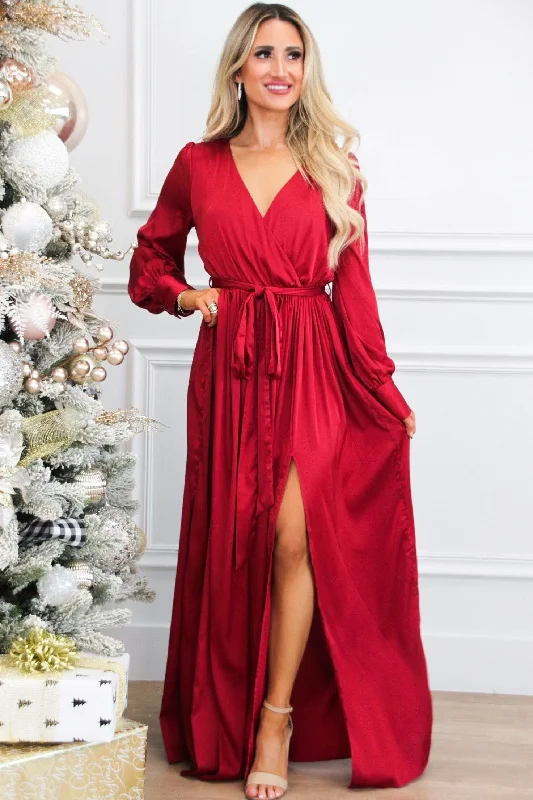 Jordana Long Sleeve Satin Maxi Dress: Burgundy