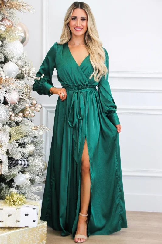 Jordana Long Sleeve Satin Maxi Dress: Green