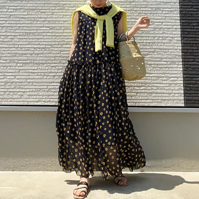 Korean Japan Style Women Floral Print Dress Summer Sleeveless Ankle-Length Maxi Dresses O Neck A-Line Chiffon Long Robe Pleated