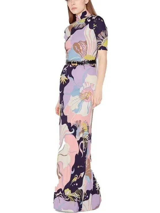 Mirabilis Print High Neck Maxi Dress