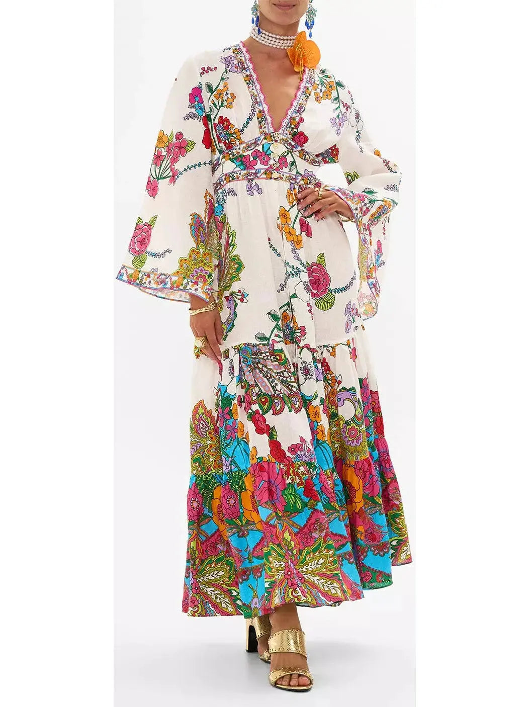 Multicolored Floral-Printed Tiered Linen Maxi Dress