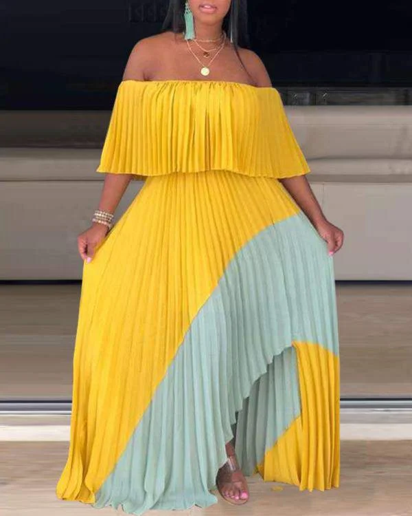 Off Shoulder Colorblock Ruched Maxi Dress