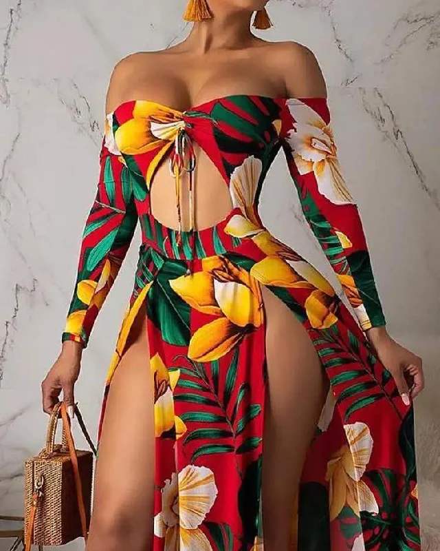 OFF SHOULDER FLORAL PRINT SLIT MAXI DRESS