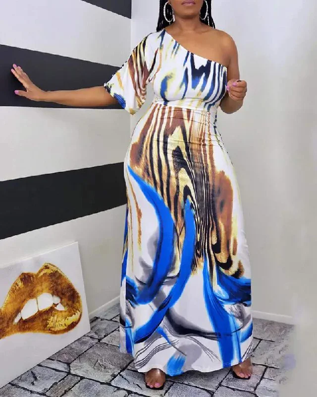 ONE SHOULDER ANIMAL PATTERN PRINT MAXI DRESS