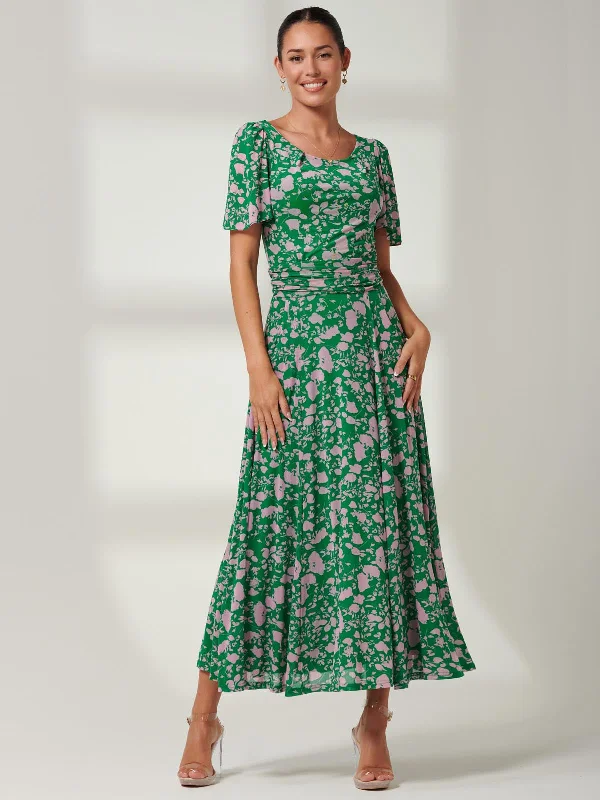 Paityn Angel Sleeve Mesh Maxi Dress, Green Floral