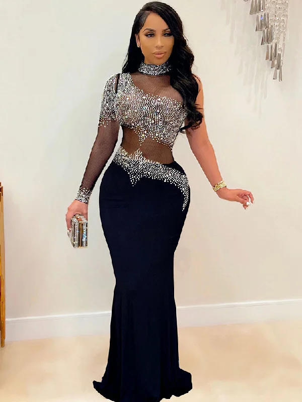 Plus Size Rhinestone Mesh Bodycon Maxi Dresses