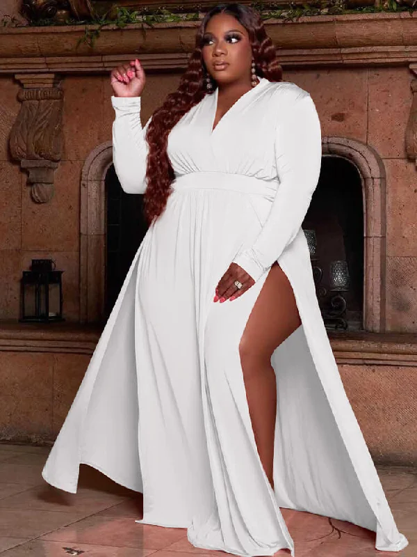 Plus Size Solid Color Long Sleeve High Split Maxi Dresses