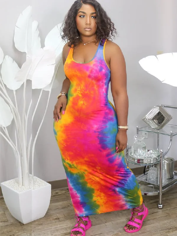 Plus Size Tie Dye Print Bodycon Maxi Dresses