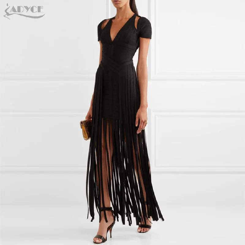 Short Sleeve Long Tassel Fringe Dress Women Maxi Dress