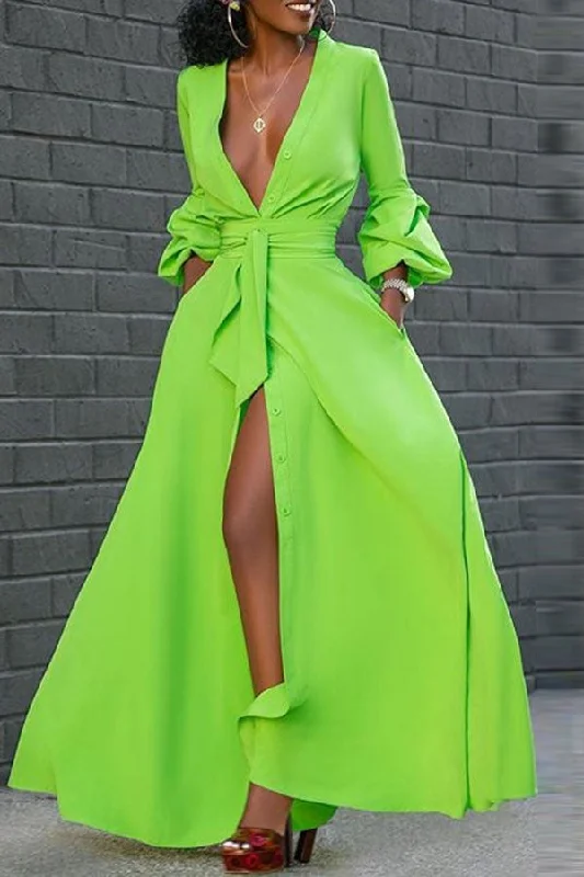 storexq Solid Color On-trend Deep V Neck Belted Maxi Dress