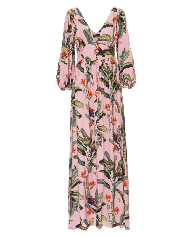 Tropical Print Button Front Maxi Dress