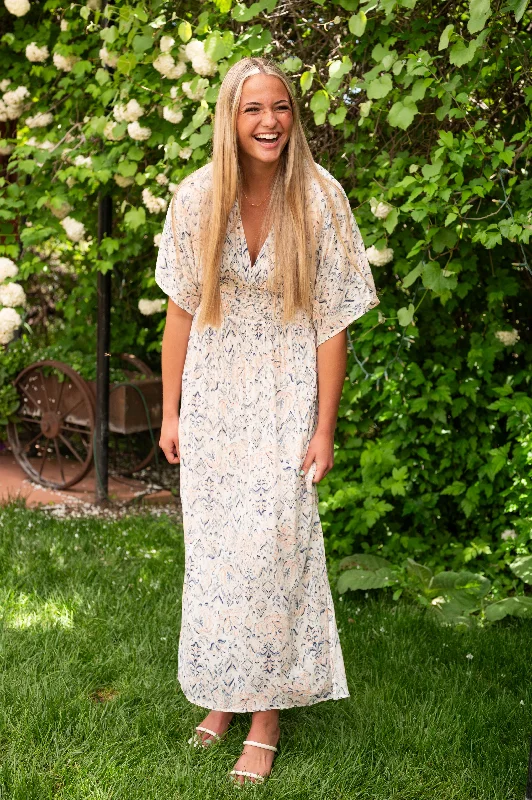 V-Neck Smocked Waist Maxi Dress W/ Side Slits