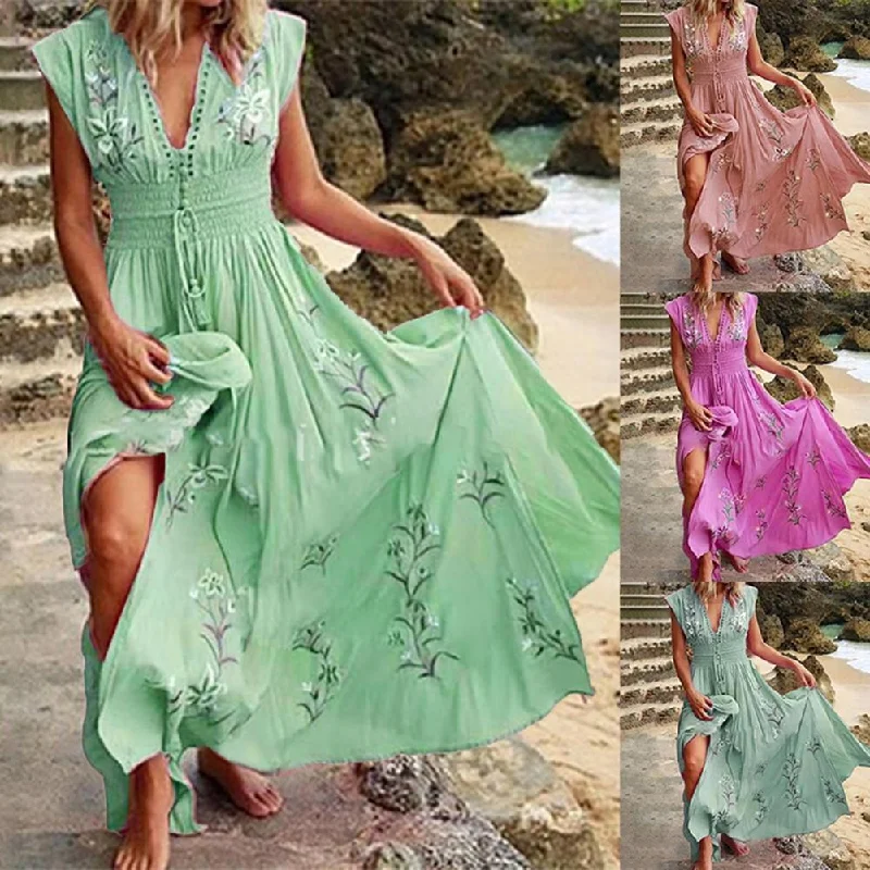 Women Maxi Dress Sleeveless V Neck Floral Print Large Hem Long Dress Boho Lady Sleeveless Party Beach Dresses Vestidos 2023 New