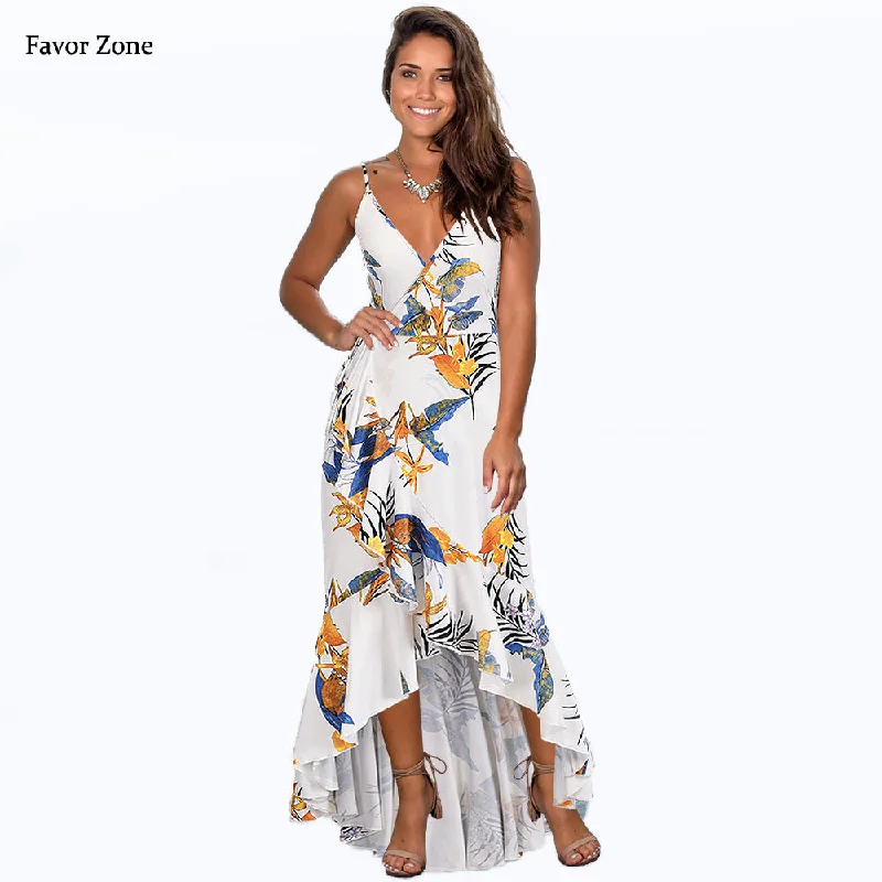 Women Sexy Long Dresses Summer Asymmetrical Cut Out Spaghetti Strap Floral Print V-neck Bohemian Maxi Dress Boho Beach Dress XXL