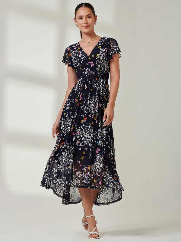 Wrap Dip Hem Mesh Maxi Dress, Navy Floral