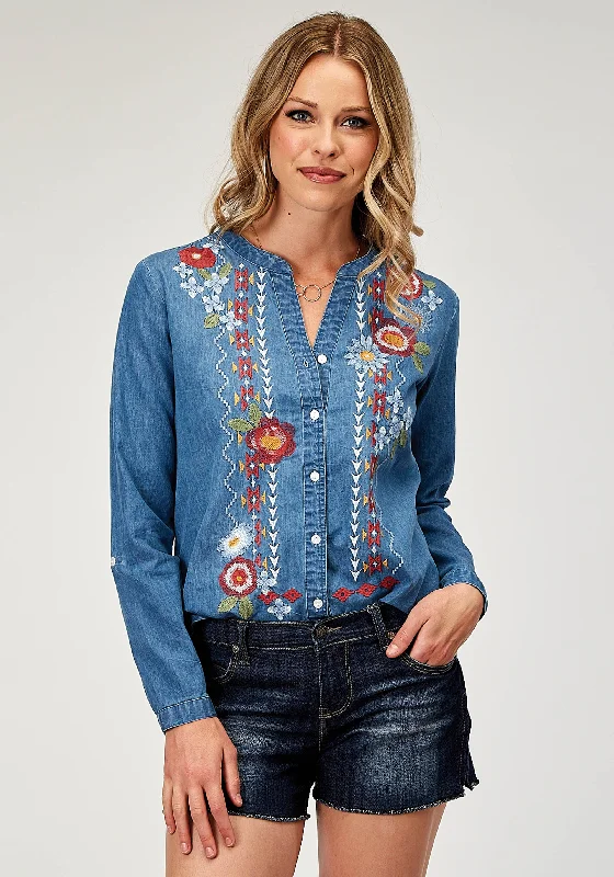 WOMENS LONG SLEEVE BUTTON LIGHT WEIGHT MED BLUE DENIM BLOUSE WESTERN SHIRT WITH V NECK TIE FRONT EMBROIDERY FRONT