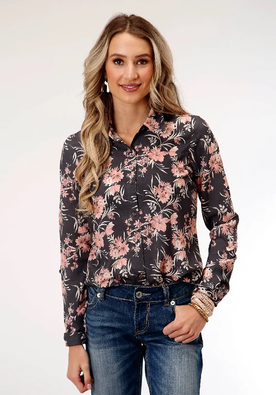 WOMENS LONG SLEEVE CORAL FLORAL PRINT WESTERN SHIRT BLOUSE