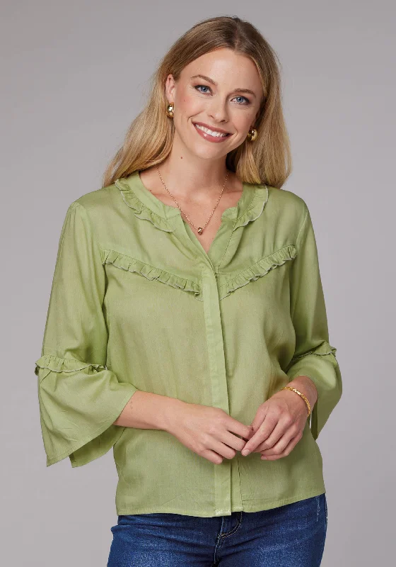 WOMENS LONG SLEEVE BUTTON LIME GREEN RAYON CHALLIS WESTERN BLOUSE WITH RUFFLE DETAIL ELBOW LENGTH BELL SLEEVE