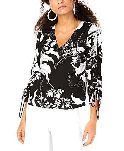 Bar III Womens Ruched Floral Blouse B/W XL