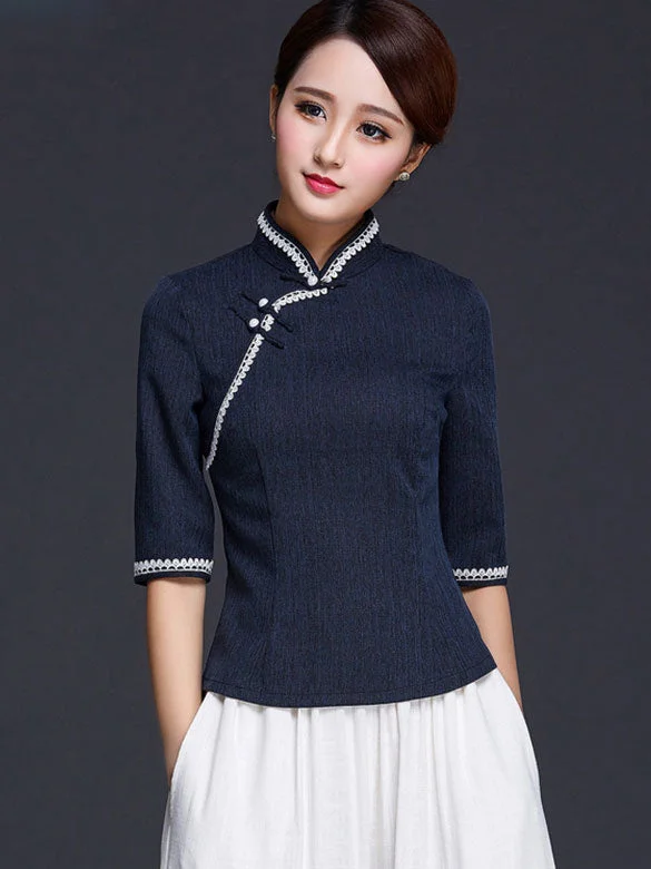 Blue White Linen Qipao / Cheongsam Top Blouse