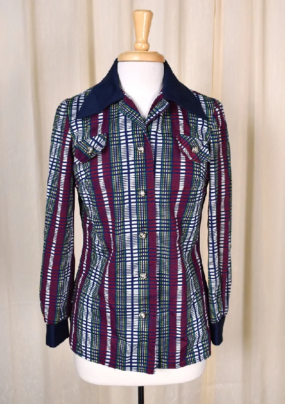 1970s Silver Button Navy Blouse