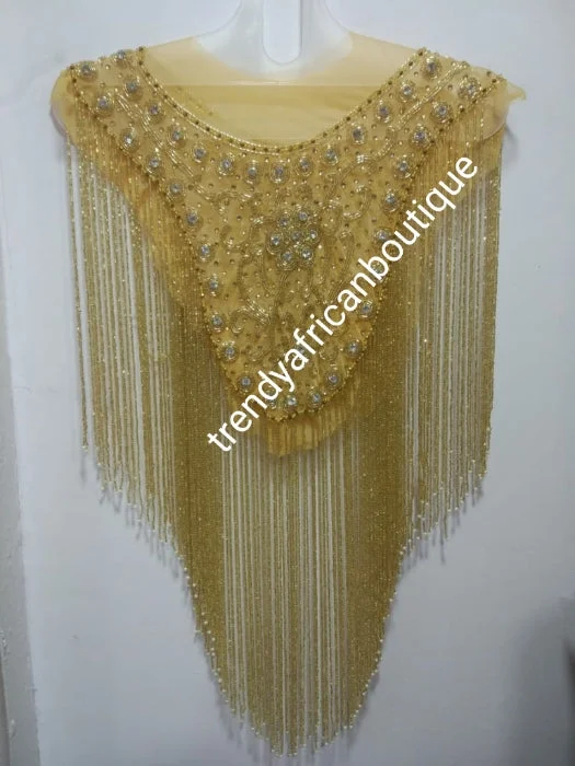 Champagn/gold beaded/crystal stones net for making wedding blouses or blouse combination. Popularly use by Igbo/Delta/edo women for big Occasions. Comes front & back design  for your beautiful blouse