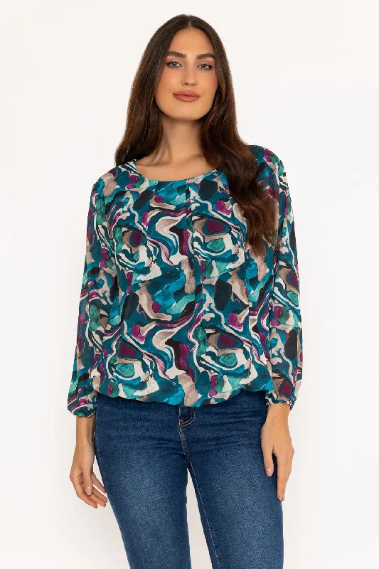 Long Sleeve Teal Printed Blouse