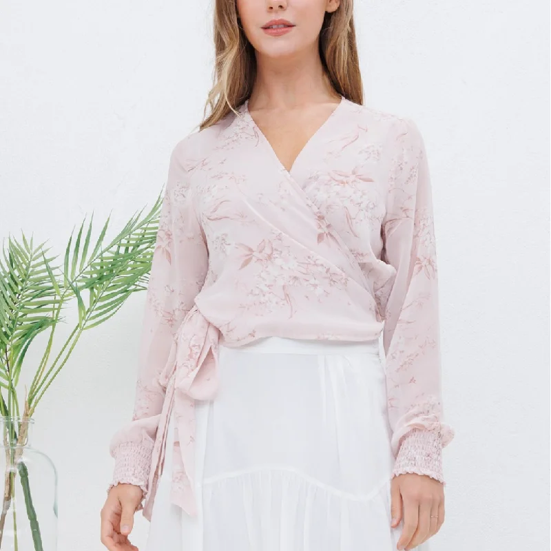 Pink Floral Chiffon Self-Tie Blouse