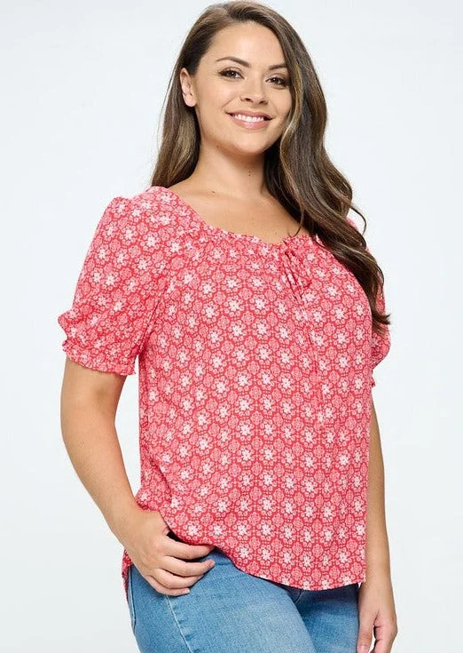 Red Floral Print Peasant Blouse in Plus Size Made in USA