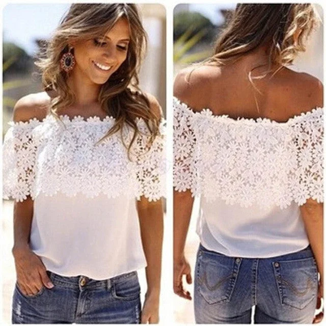 Sexy Women Off Shoulder Blouse Fashion Beachwear Casual Tops Lace White Chiffon Crochet Shirt