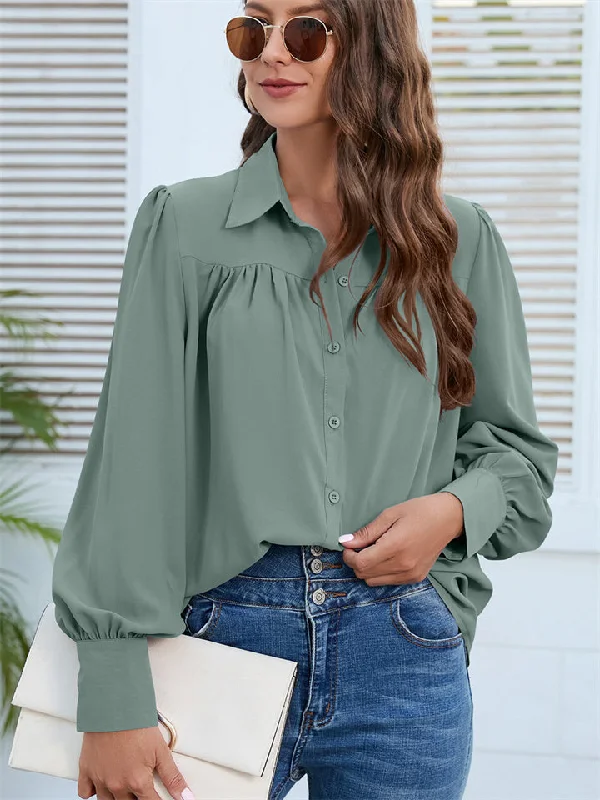 hoombox Solid Color Chiffon Shirt Women's Shirt Pleated Long-sleeved Blouse