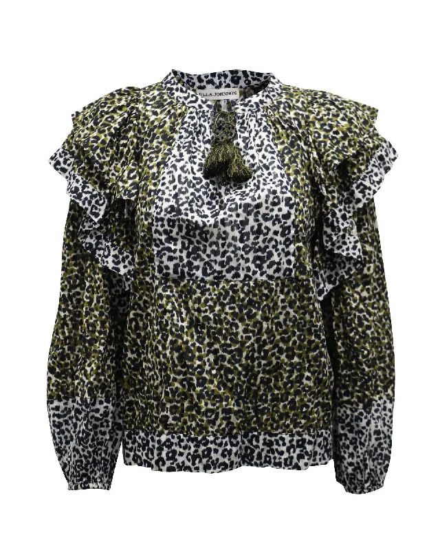 Leopard Print Ruffled Blouse with Romantic Puff Sleeves in Brown Cotton