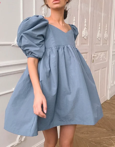 Solid Elegant A-line High Waist Loose Slash Neck Puff Sleeve Women Mini Dress