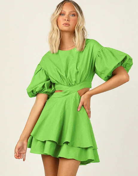 Summer Cotton Puff Sleeve Hollow Out Backless Ruffle Lace Up Mini Dress