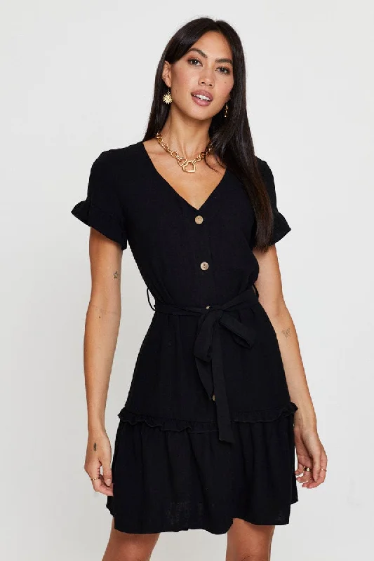 Black Mini Dress Short Sleeve V Neck